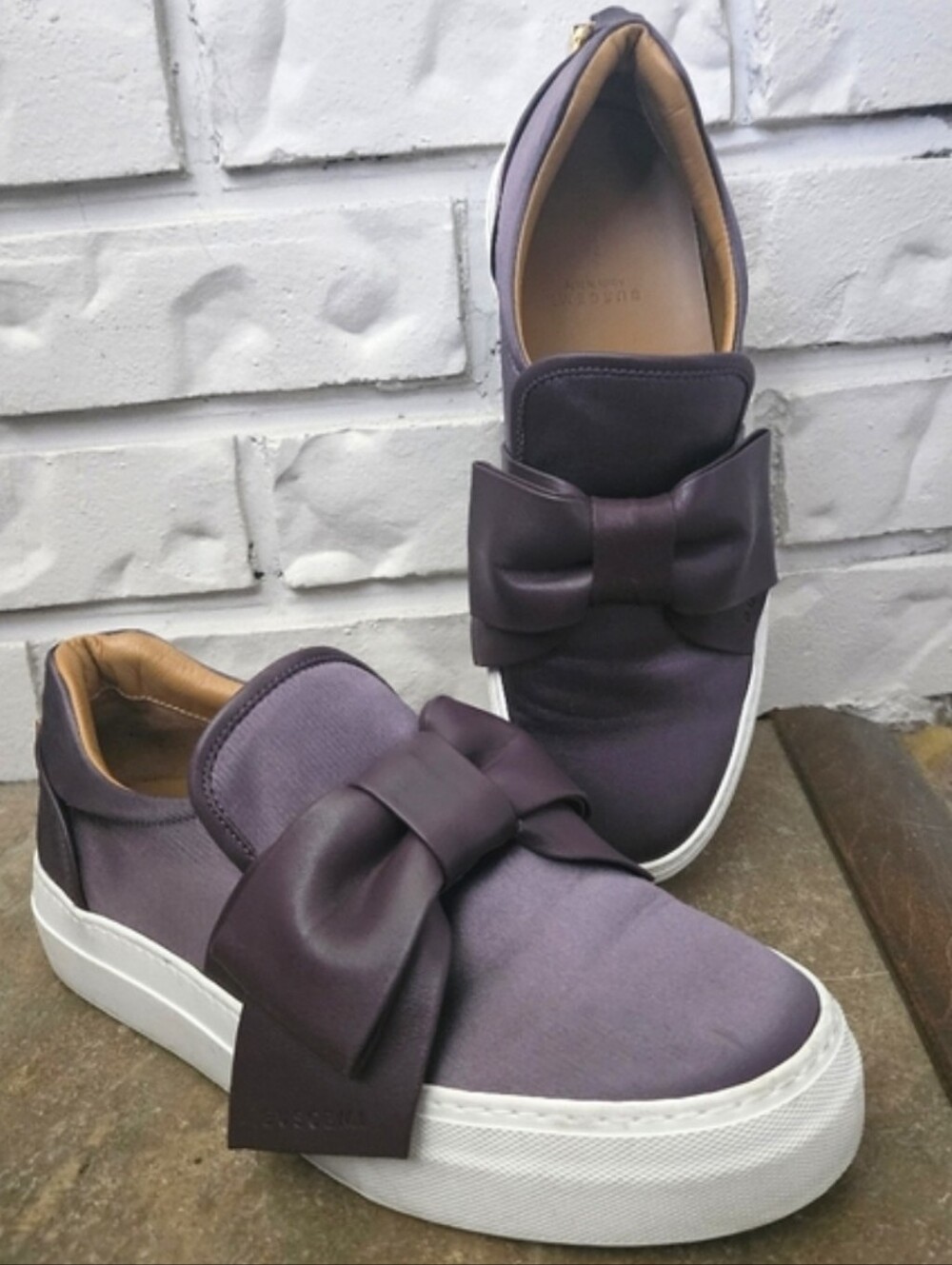 Buscemi Italy Women's Purple Plum Satin Bow Slip-On Sneakers